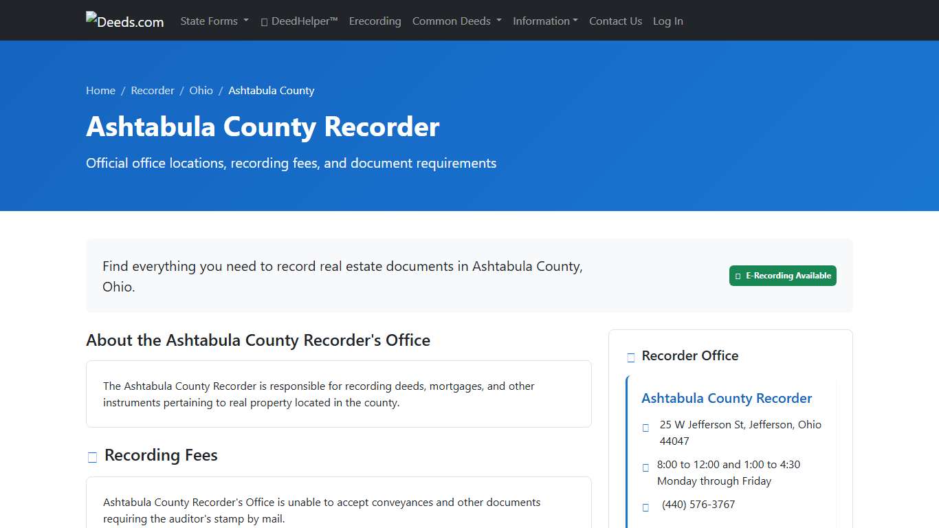 Ashtabula County Recorder Information, Ohio - Deeds.com